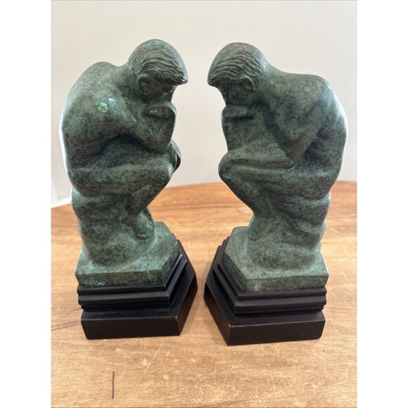 Rodin The Thinker Cast Metal Bookends Green Faux Verdigris Finish Vintage - Picture 4 of 12